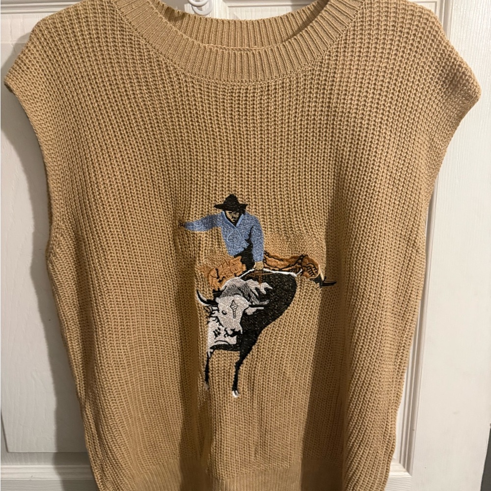 C.C. Boutique Camel Crewneck Knit Vest with Rodeo Rider Embroidery